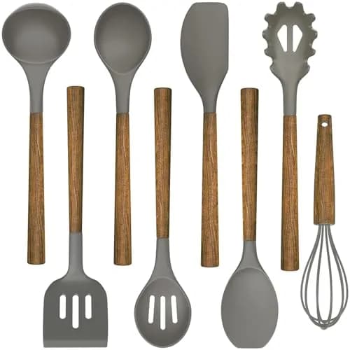 Umite Chef Silicone Cooking Utensil Set with Acacia Wooden Handles, 8-Piece Set | Heat Resistant Spatula & Kitchen Gadgets thumbnail 1