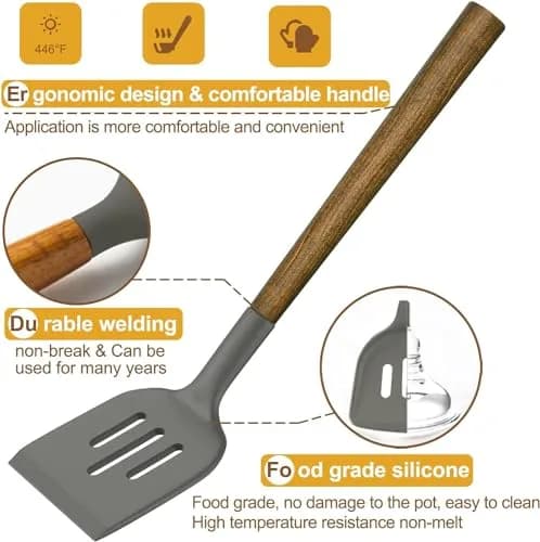 Umite Chef Silicone Cooking Utensil Set with Acacia Wooden Handles, 8-Piece Set | Heat Resistant Spatula & Kitchen Gadgets thumbnail 7