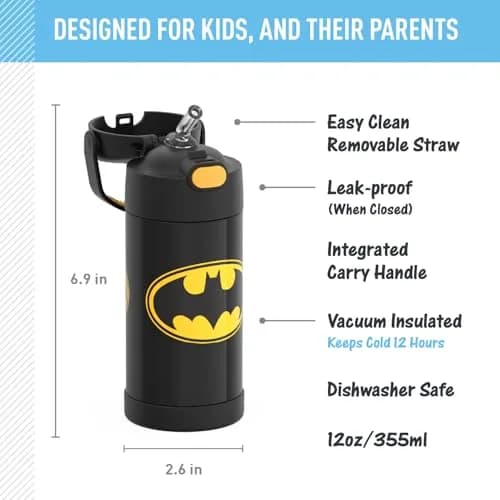 THERMOS FUNTAINER Batman Water Bottle with Straw, 355ml (12oz) | Keeps Drinks Cold for 12 Hours thumbnail 2