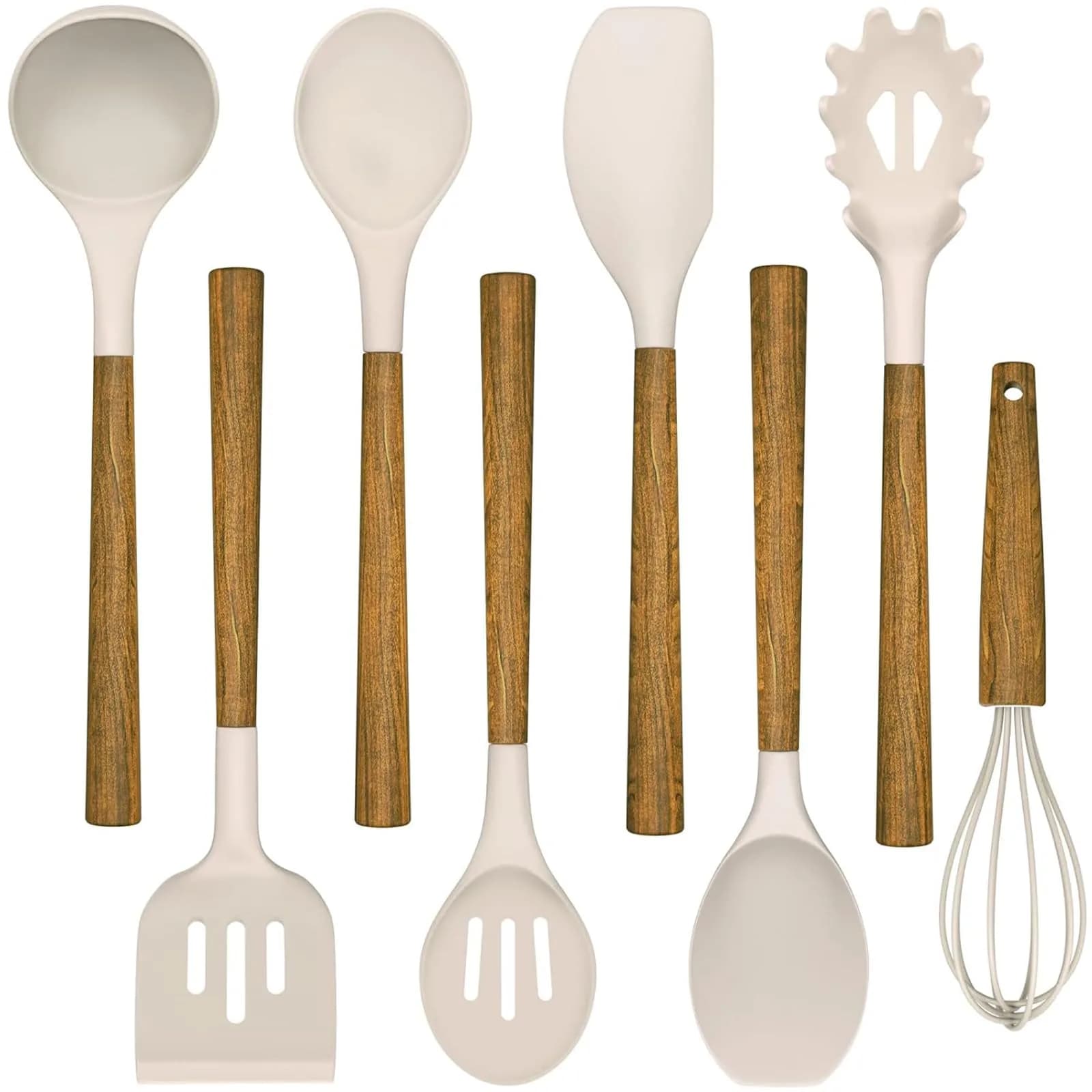 Umite Chef Silicone Cooking Utensil Set with Acacia Wooden Handles, 8-Piece Kitchen Gadgets for Nonstick Cookware - Khaki | Heat Resistant up to 446°F