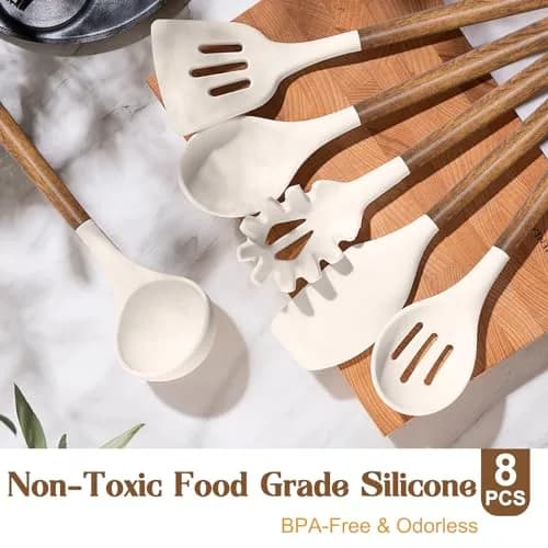 Umite Chef Silicone Cooking Utensil Set with Acacia Wooden Handles, 8-Piece Kitchen Gadgets for Nonstick Cookware - Khaki | Heat Resistant up to 446°F thumbnail 2