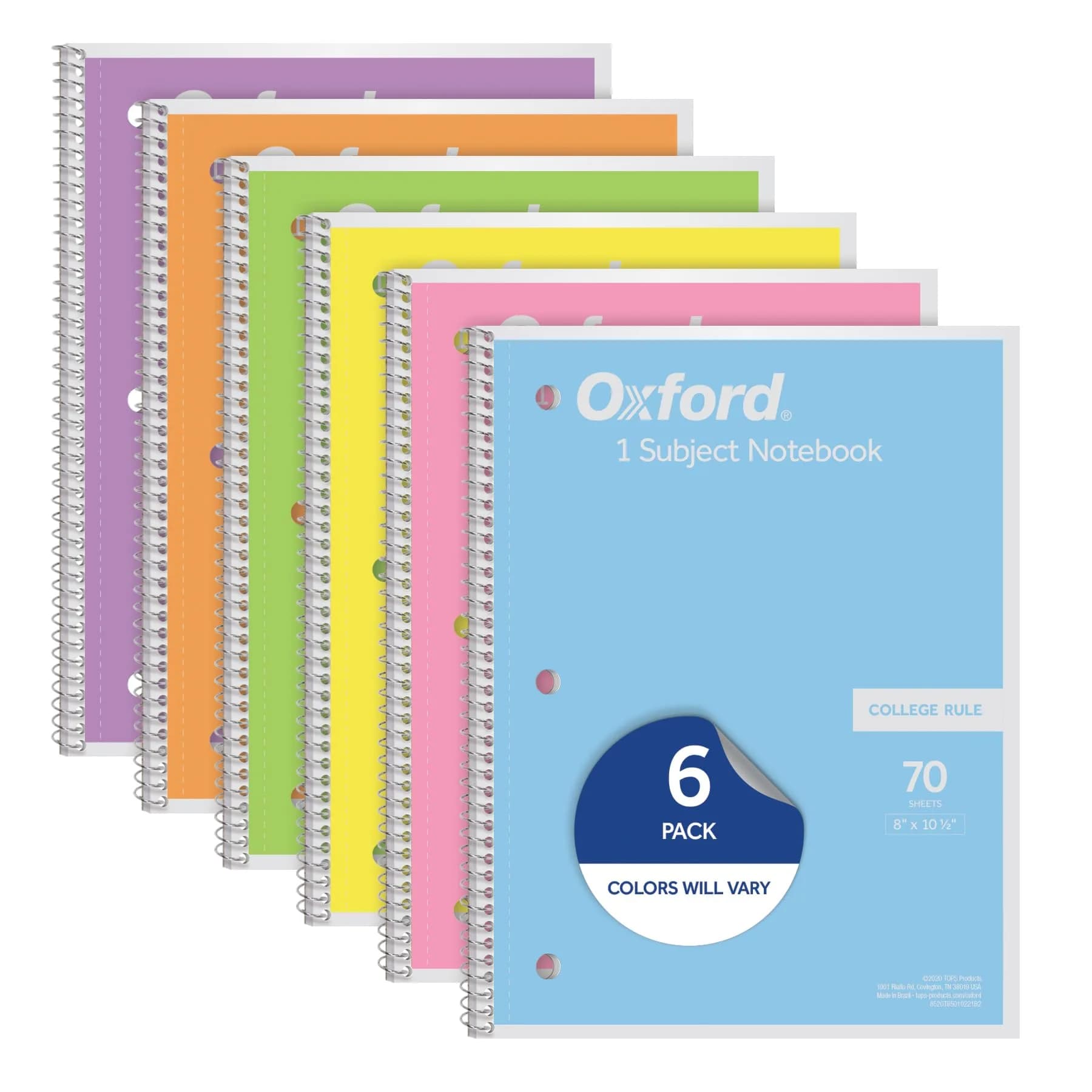 Oxford Pastel Pink Spiral Notebook, 1 Subject, College Ruled, 8 x 10-1/2 Inch, 70 Sheets, Set of 6 - main product image