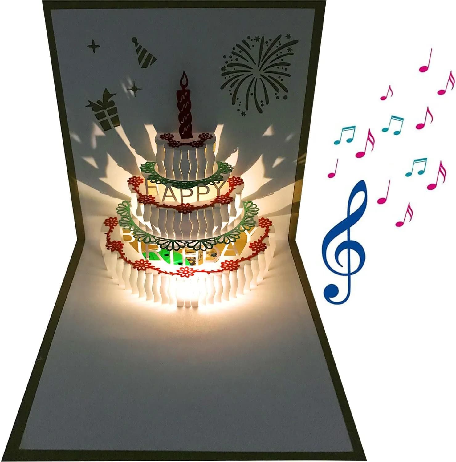 Akeydeco 3D Pop Up Birthday Card with Warming LED Light & Music | Handmade Musical Cake Design — yellow card Warm light