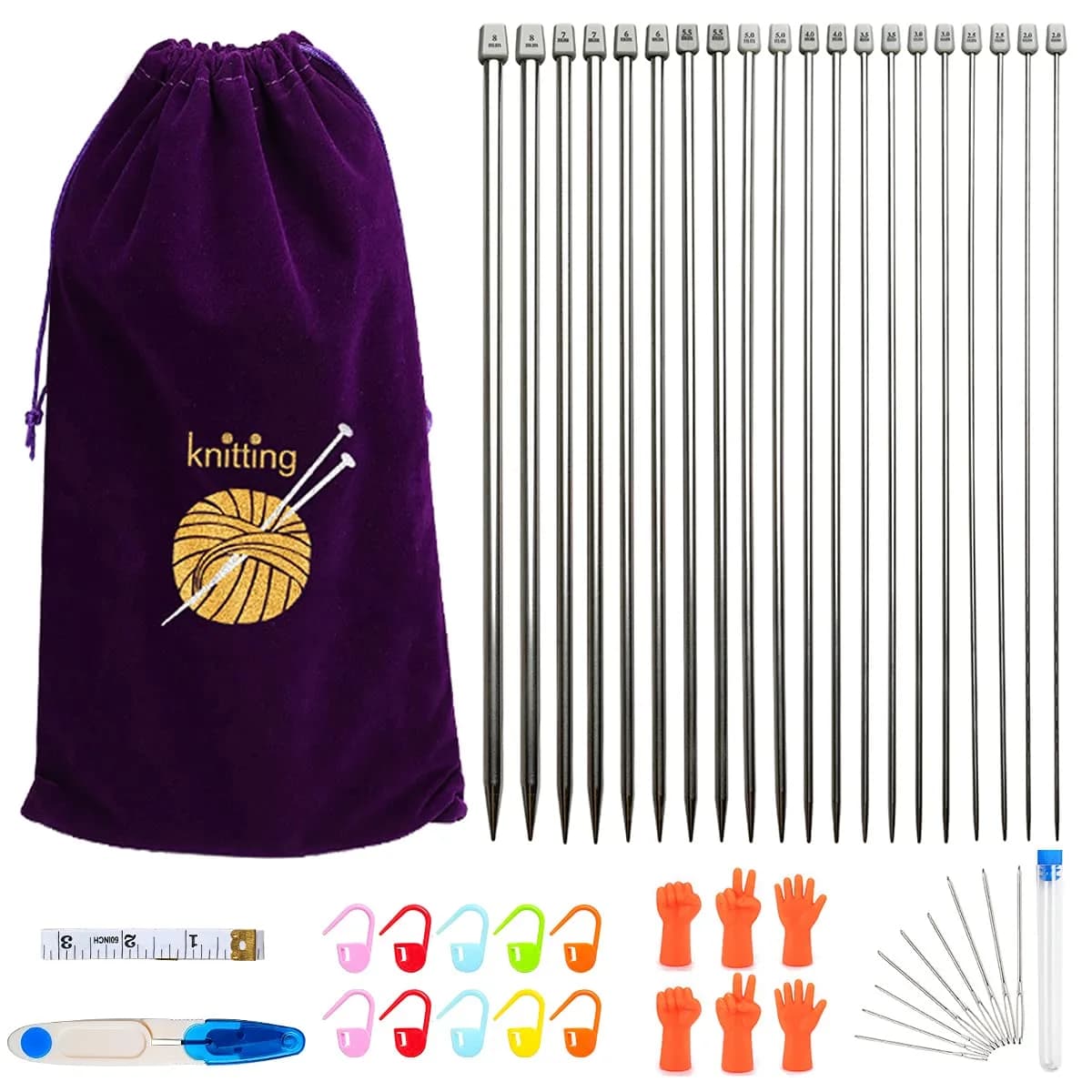 KOKNIT Knitting Needle Set 11 Pairs Stainless Steel 10'' | Full Size, Lightweight & Durable — 25cm