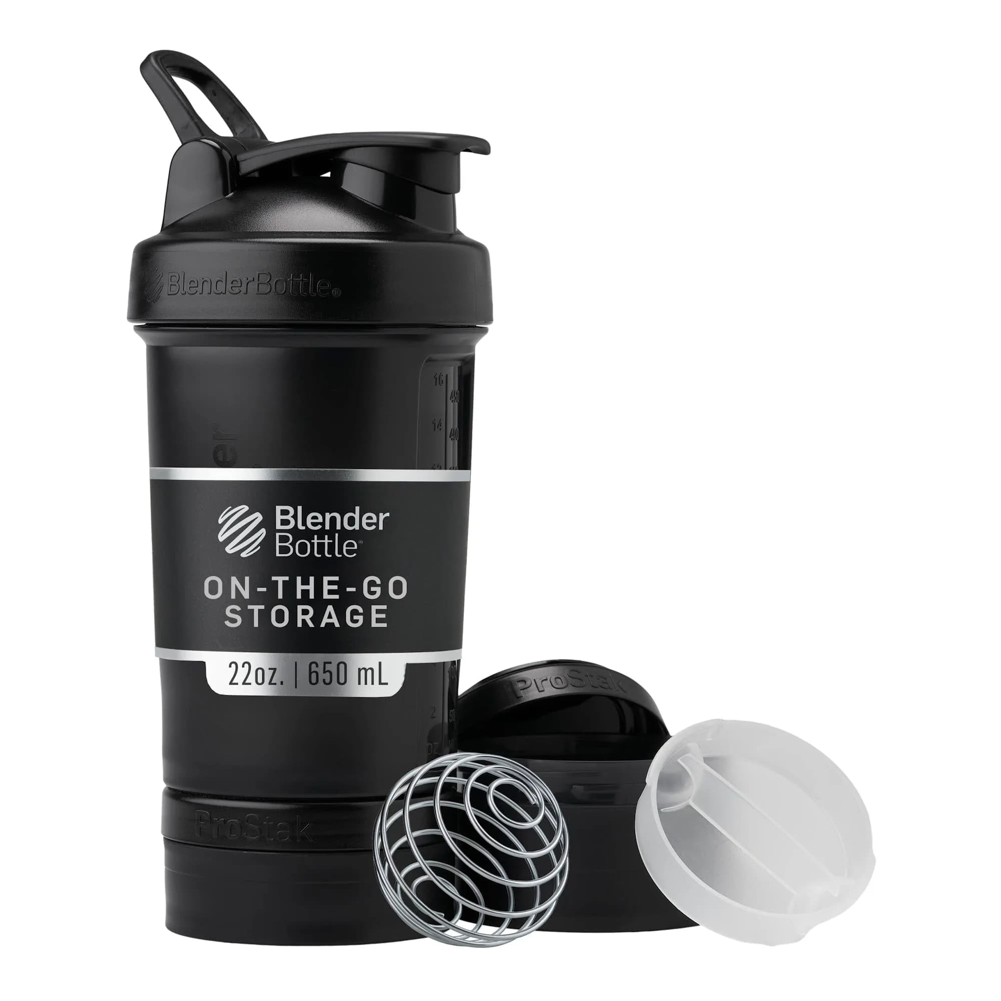 BlenderBottle ProStak Shaker Bottle with Pill Organizer & Storage Jars 710ml (24 oz) Smoke Grey | Leak-Proof, BPA-Free, Dishwasher Safe — Midnight Black