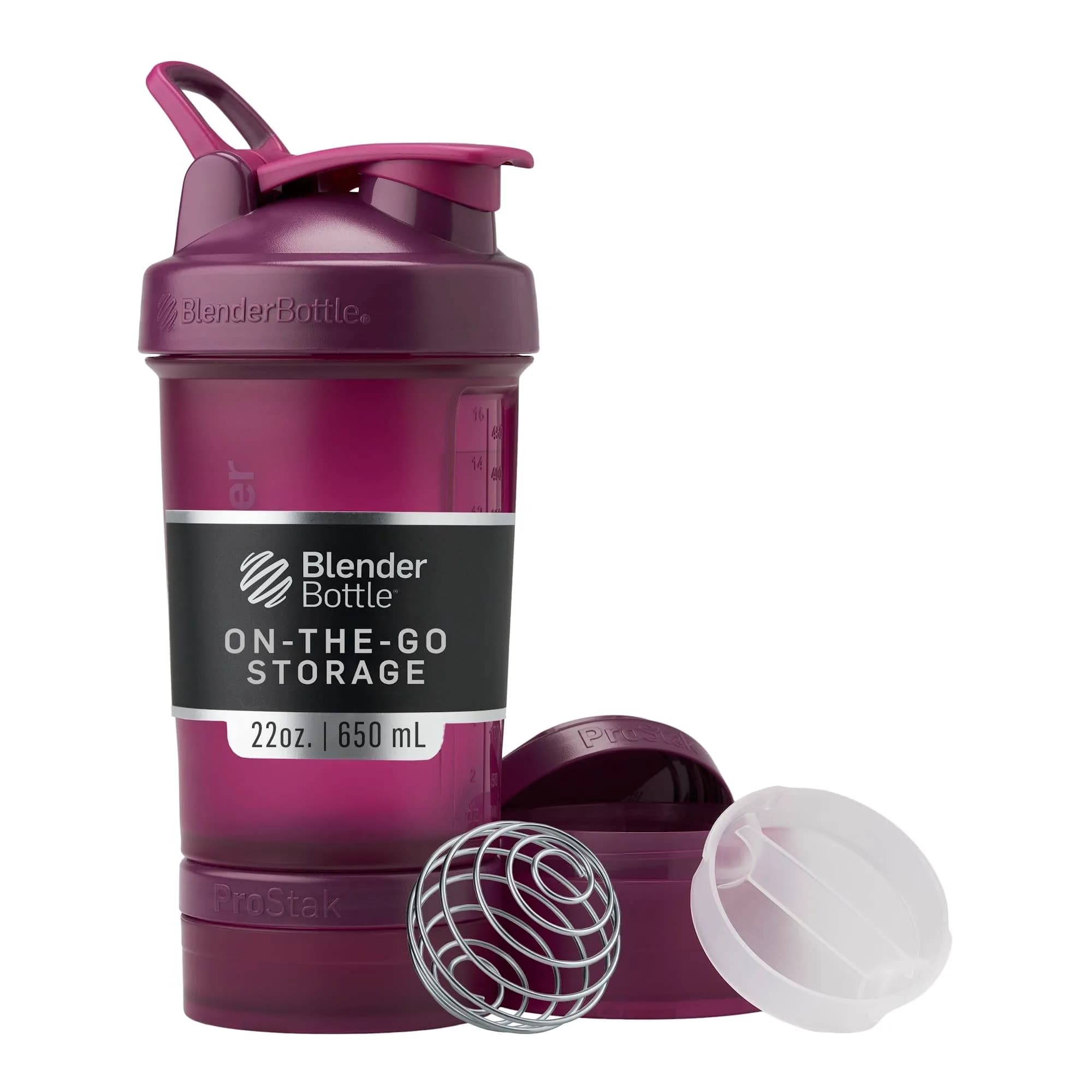 BlenderBottle ProStak Shaker Bottle with Pill Organizer & Storage Jars 710ml (24 oz) Smoke Grey | Leak-Proof, BPA-Free, Dishwasher Safe — Plum