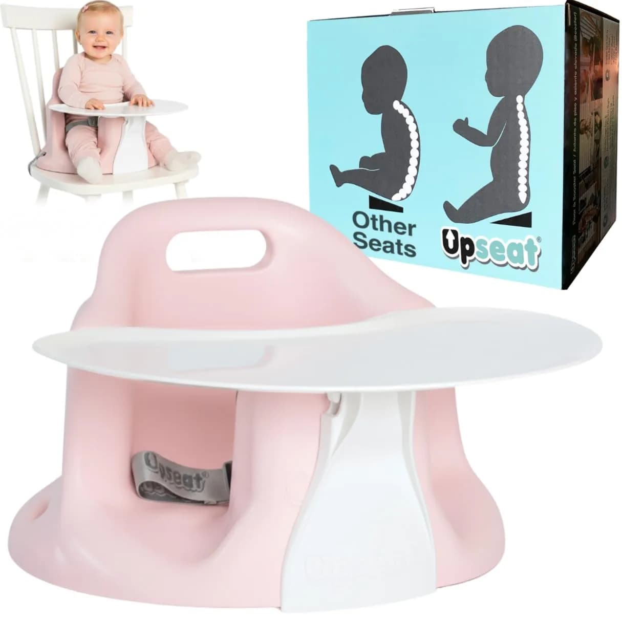 Upseat Baby Floor & Booster Seat with Tray | Ergonomic Design for Healthy Hip Development — Pink