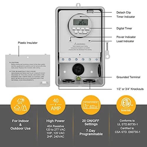 SURAIELEC Digital Pool Timer, 40Amp 2HP, 120/240/277VAC, 24-Hour Display | Heavy Duty High Power Timer for Pool & Outdoor Appliances thumbnail 2