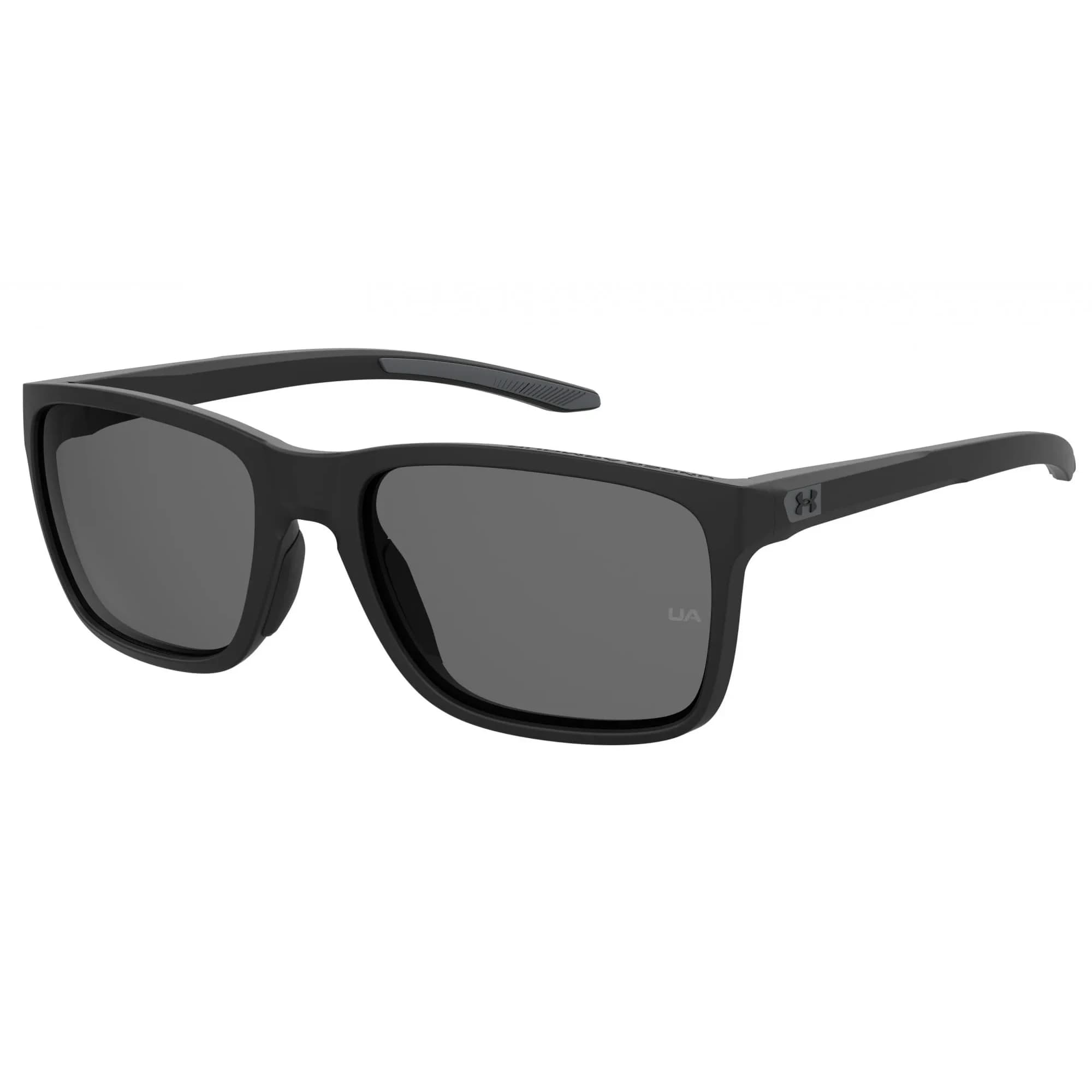 Under Armour Hustle Rectangular Sunglasses Shiny Black Frame w/ Blue Avio Lenses 58mm (2.28in) | Polarized UV Protection — Matte Black / 58mm, 19mm