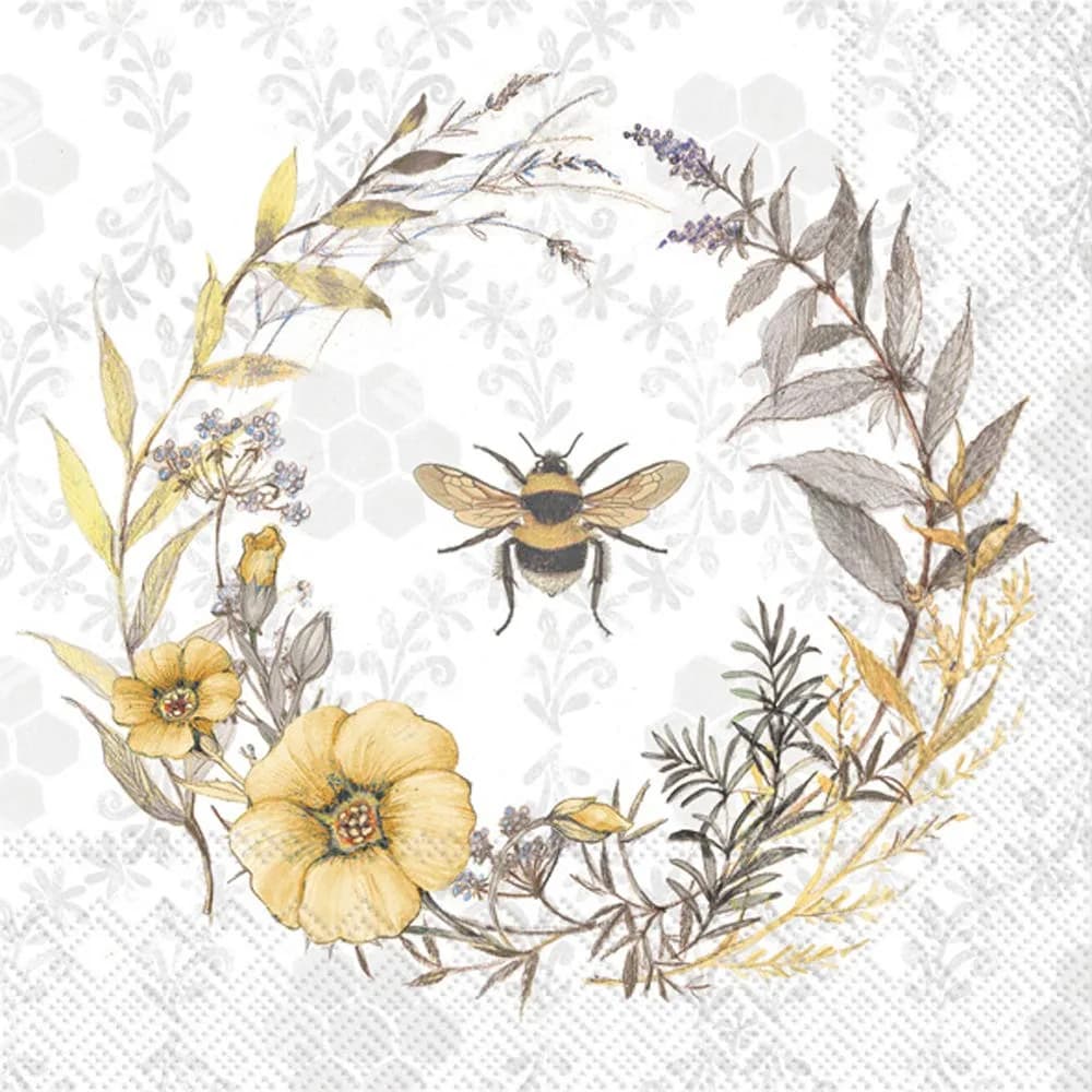 Boston International Bee Wildflower Wreath 3-Ply Paper Napkins 20-Count Lunch Size | Biodegradable & Printed in Germany