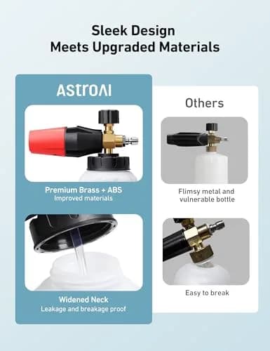 AstroAI Foam Cannon for Pressure Washer with 1/4" Quick Connect Plug, 1 L | Heavy Duty Brass Valve & Metal Parts for Car Wash Detailing thumbnail 8