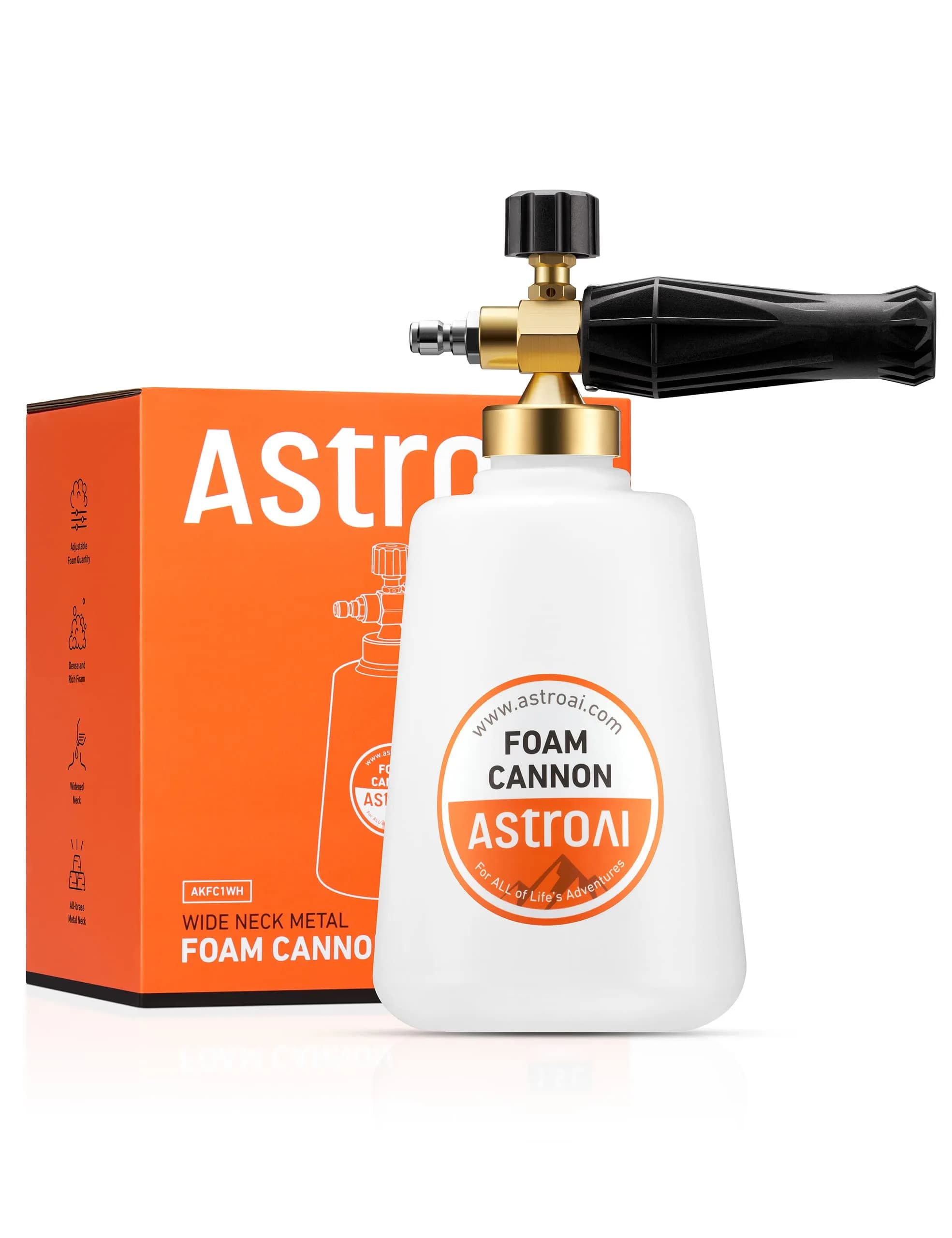 AstroAI Foam Cannon for Pressure Washer with 1/4" Quick Connect Plug, 1 L | Heavy Duty Brass Valve & Metal Parts for Car Wash Detailing — 1.5 L Bottle,WITHOUT Tips