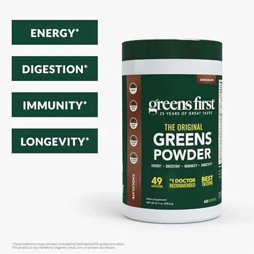Greens First Original Greens Powder - 49 Superfoods - Organic Fruits & Veggies - Probiotics & Digestive Enzymes - Antioxidant Smoothie - Dairy Free, Vegan & Non-GMO - Chocolate - 60 Servings | Complete Nutritional Support thumbnail 2