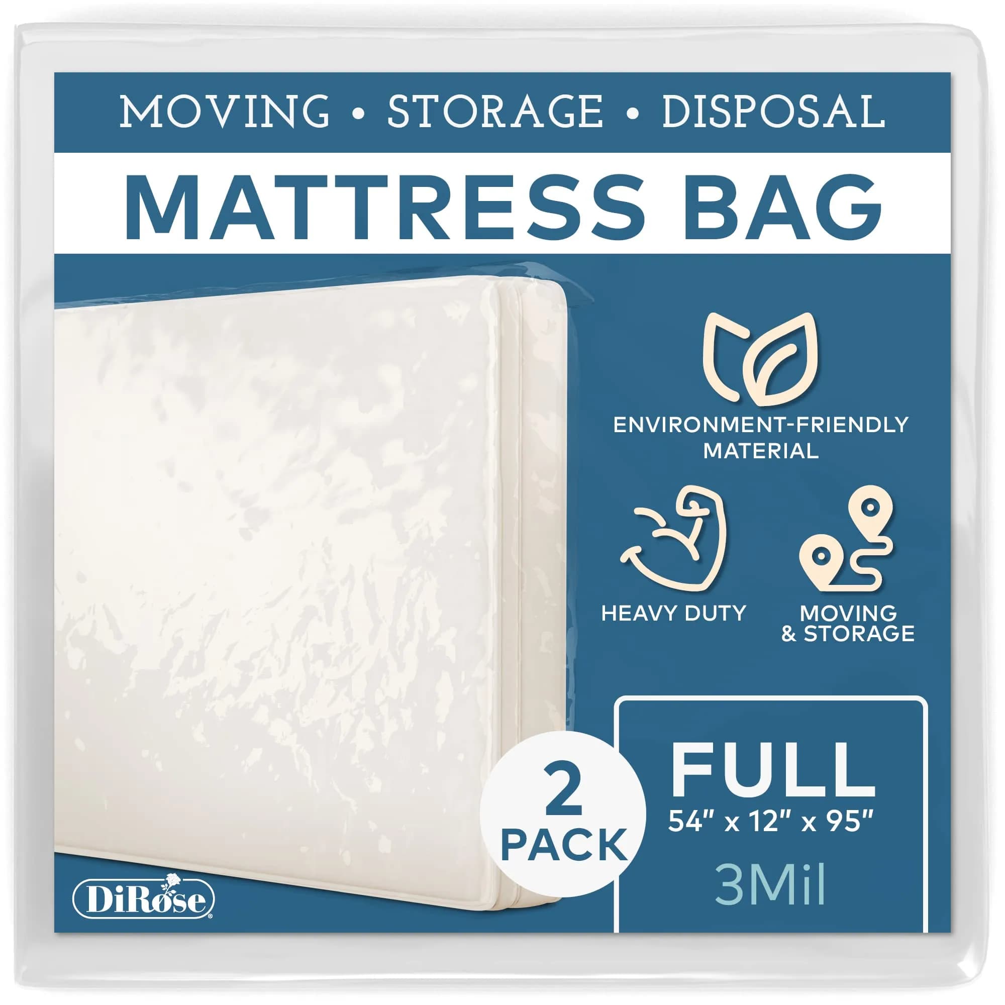 DiRose Clear Mattress Storage Bag for Queen Size - Heavy Duty 3.0 Mil Thick Plastic Protector | Waterproof & Reusable for Moving, Storage, Disposal — Full