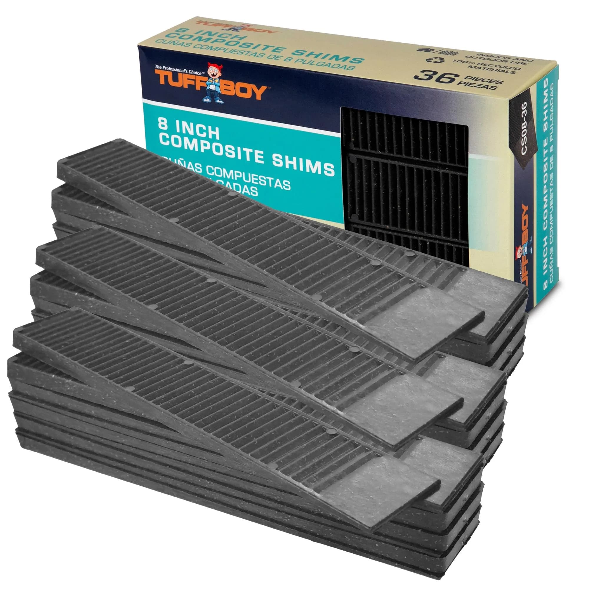 TuffBoy Composite Plastic Shims for Leveling 8 in | Durable, Weatherproof, Made in USA — 36-Pack