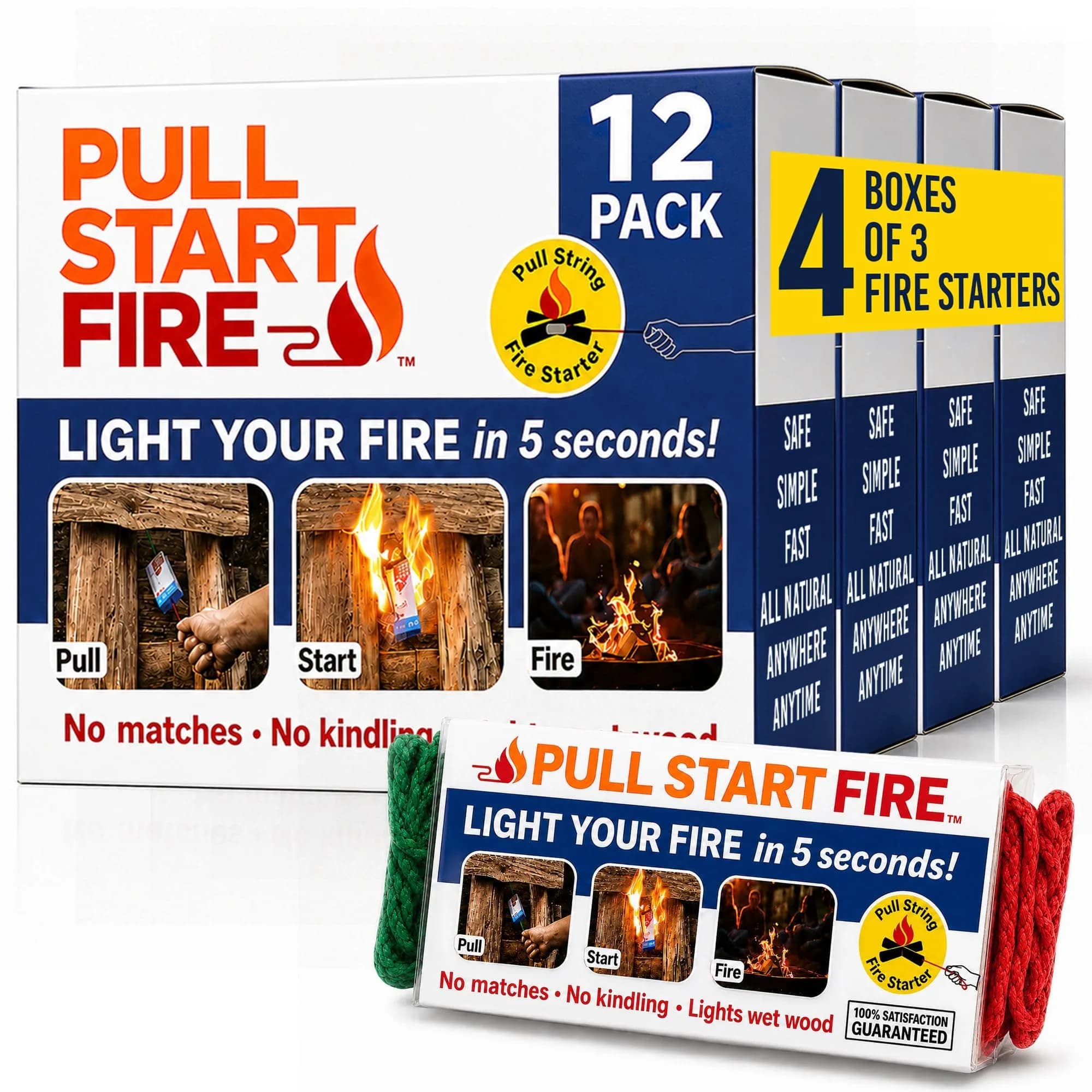 Pull Start Fire Starter, Pull String, No Matches, Lights Wet Wood, 12 Count | Reliable Waterproof Fire Ignition