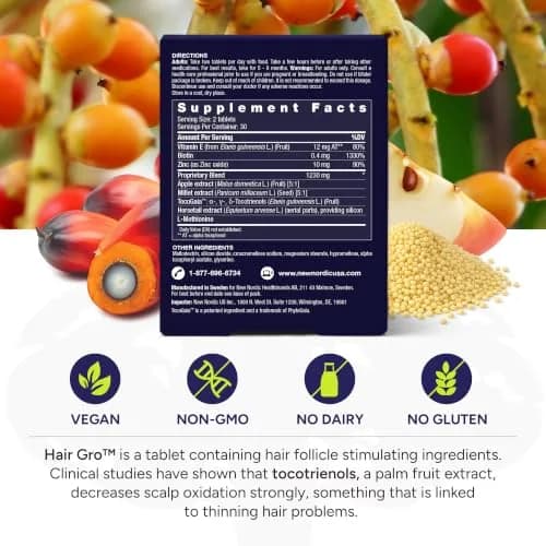 NEW NORDIC Hair GRO Tablets Biotin & Tocotrienol Complex 180 Count | Vegan, Gluten-Free, Scandinavian Quality thumbnail 4