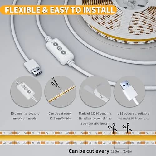 PAUTIX 5V USB LED Strip Light 2m (6.56ft) with Dimmer | 640 LEDs, 6000K Daylight White, CRI 90+ thumbnail 7
