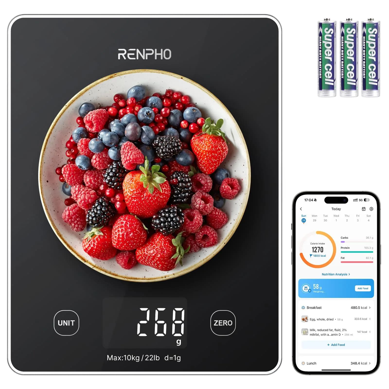 RENPHO Smart Food Scale with Nutritional Calculator, Bluetooth App, Black | Accurate Kitchen & Nutrition Tracking - main product image