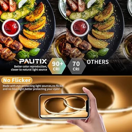 PAUTIX COB LED Strip Lights 2M (6.56ft) Warm White | Dotless Super Bright Dimmable USB Powered for TV Backlight, Under Cabinet, Bedroom, Kitchen Lighting thumbnail 9