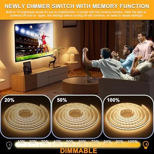 PAUTIX COB LED Strip Lights 2M (6.56ft) Warm White | Dotless Super Bright Dimmable USB Powered for TV Backlight, Under Cabinet, Bedroom, Kitchen Lighting thumbnail 3