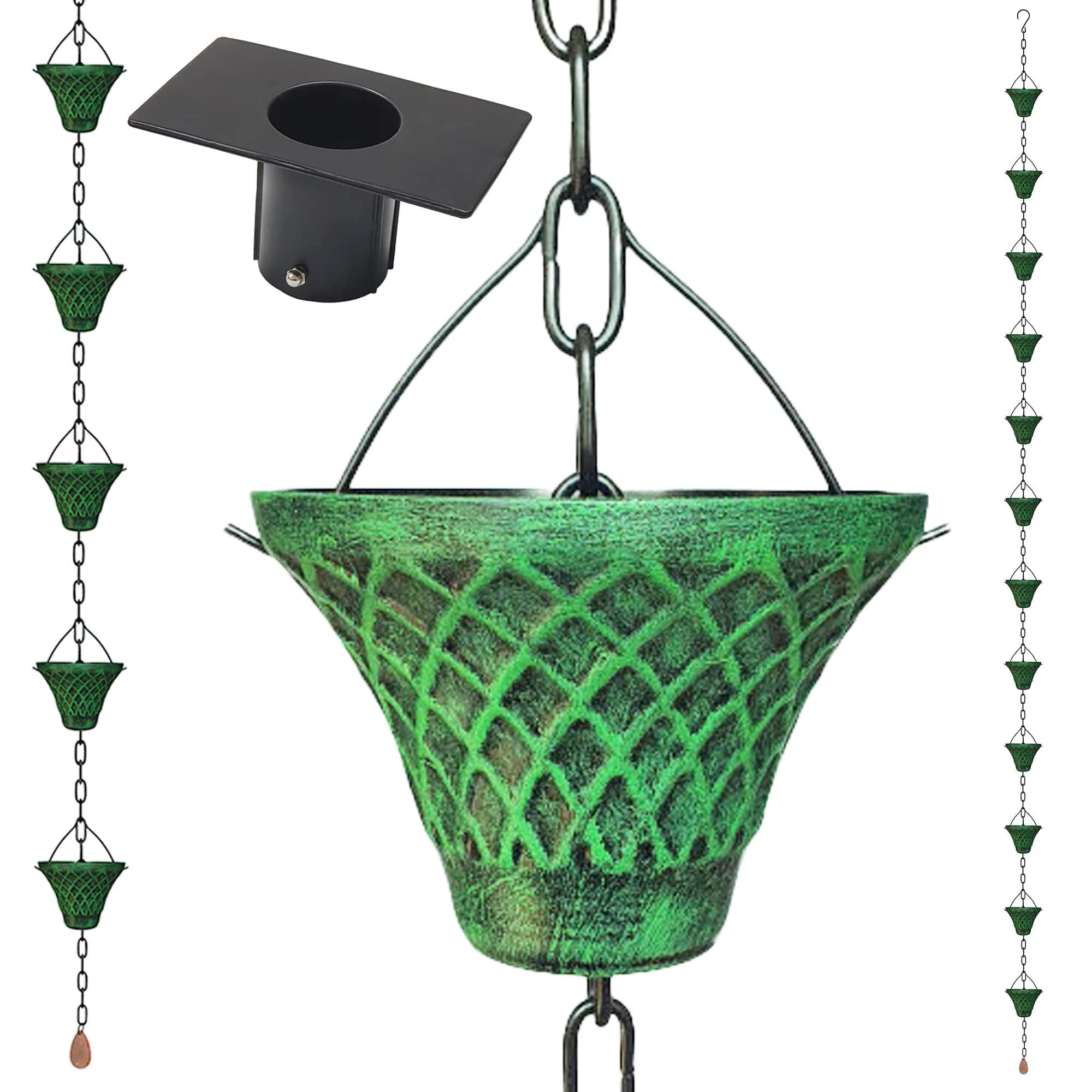 LEPTALINA 8.5FT Bell Iron Rain Chain with Adapter, Blue | 2.56m (102.4in) Decorative Cascade — Antique-green