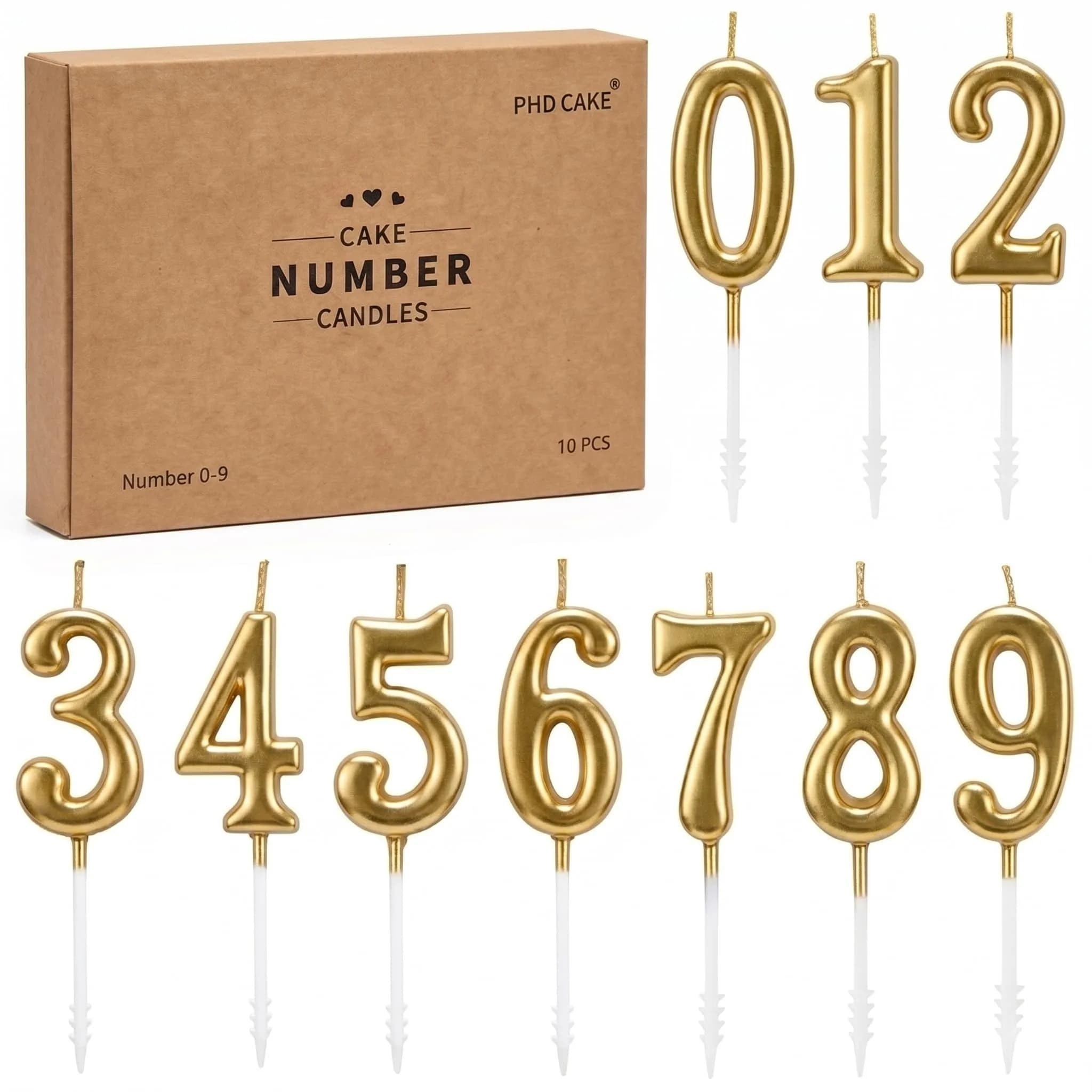 PHD CAKE Gold Numeral Birthday Candles 0-9, 11 cm (4.33 in) | Smokeless, Odorless, Glitter Cake Topper — Champagne