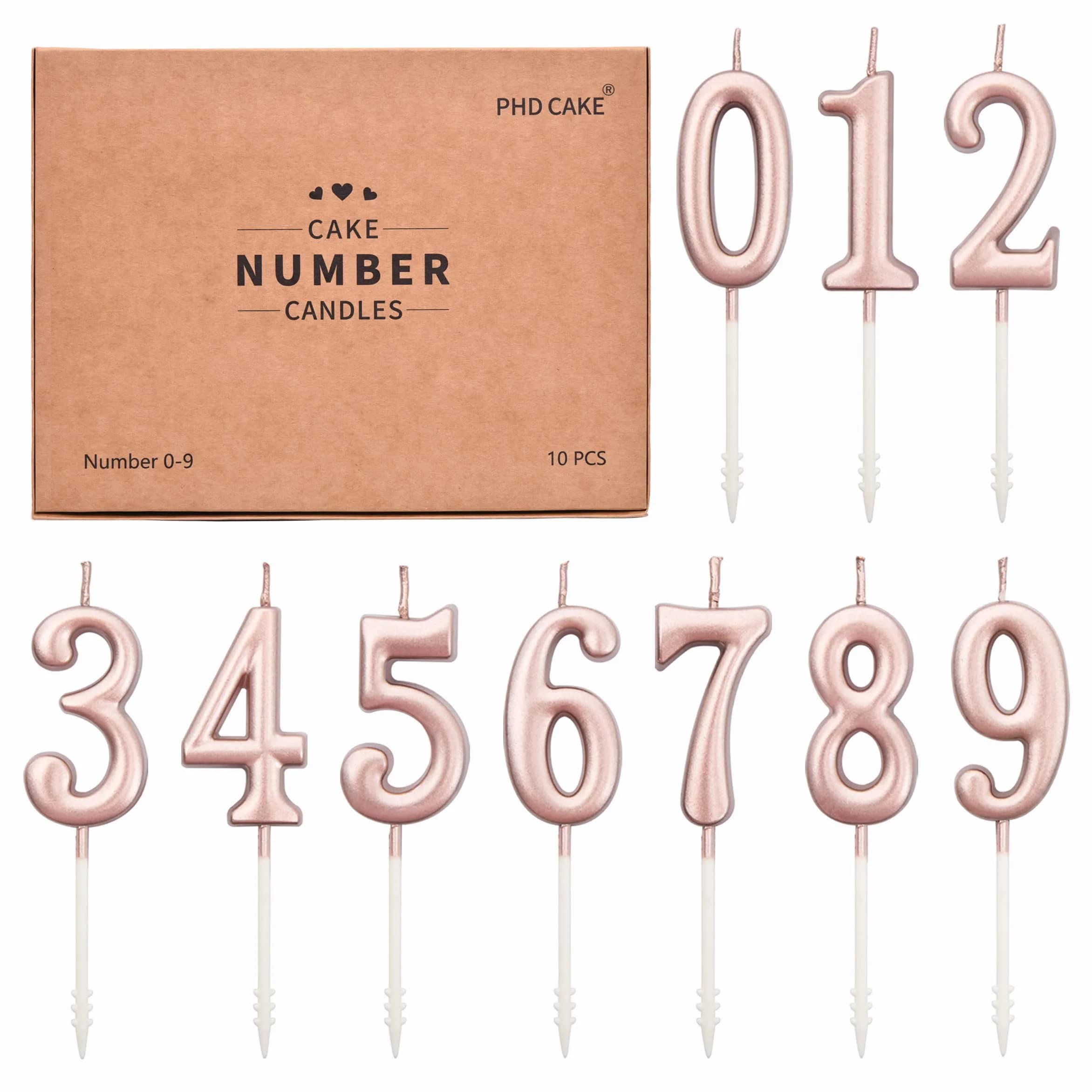 PHD CAKE Gold Numeral Birthday Candles 0-9, 11 cm (4.33 in) | Smokeless, Odorless, Glitter Cake Topper — Rose Gold