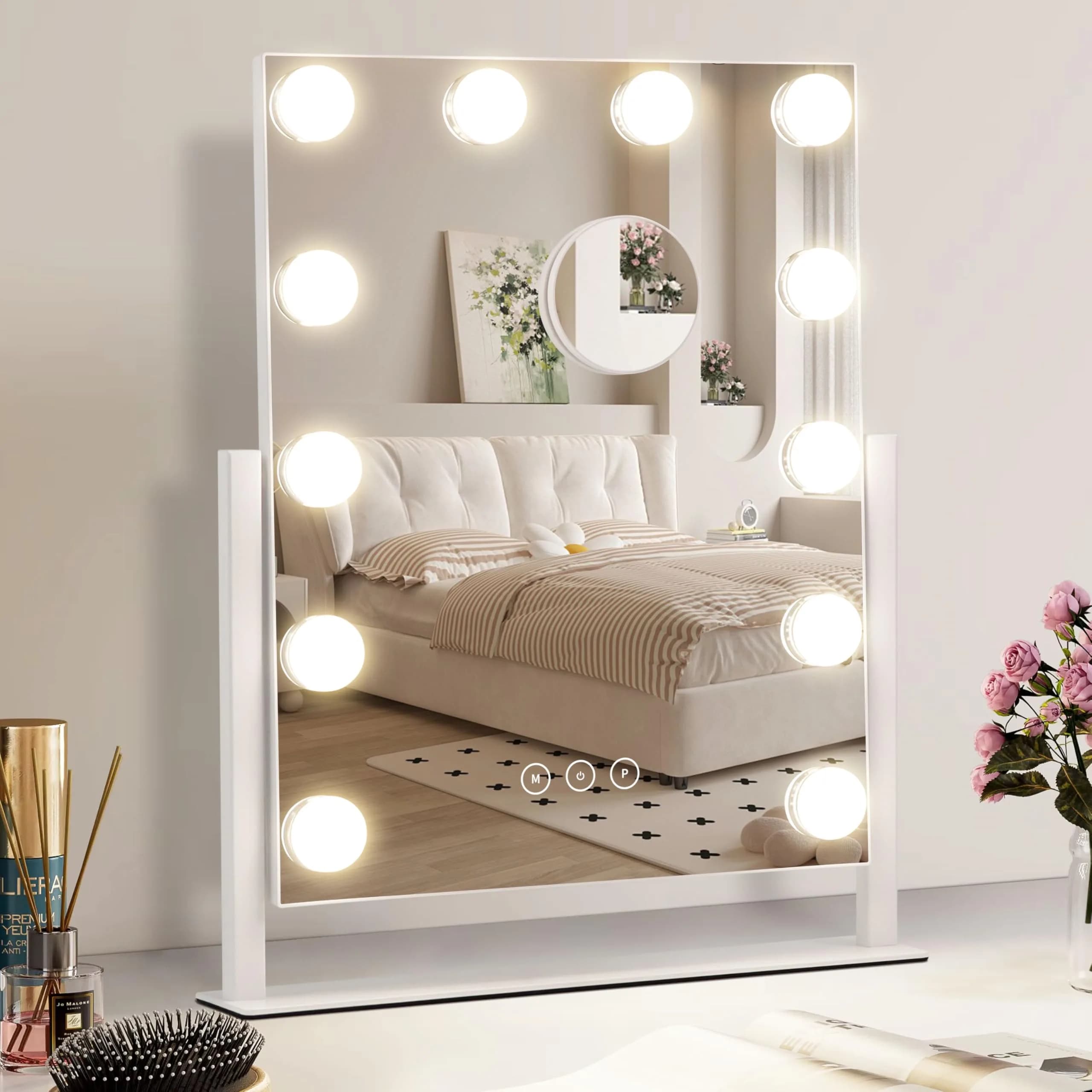 NUSVAN Makeup Vanity Mirror with Lights, 9 Dimmable LED Bulbs, 3 Color Modes, 10X Magnification, Touch Control, 360° Rotation | Elegant Bedroom Essential — White / 14.6"L x 18"W