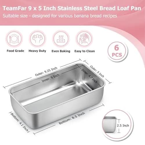 TeamFar Stainless Steel Loaf Pans for Baking, 9.25 x 5 x 2.5 Inch (23.5 x 12.7 x 6.35 cm) — Set of 6 | Even Baking & Easy Release thumbnail 2