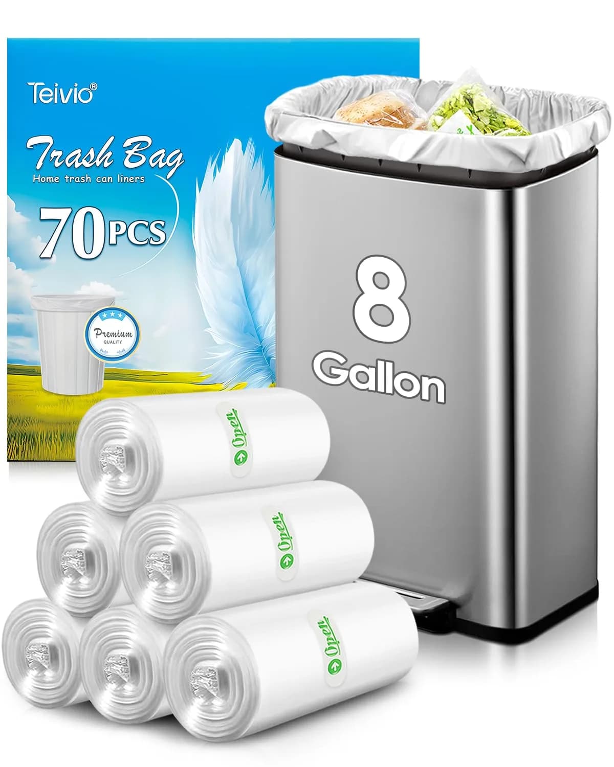 Teivio Small Trash Bags 2.6 Gal | HDPE Garbage Bags for Home & Office, 220 Count, Clear — 70pcs-8 Gallon-Clear