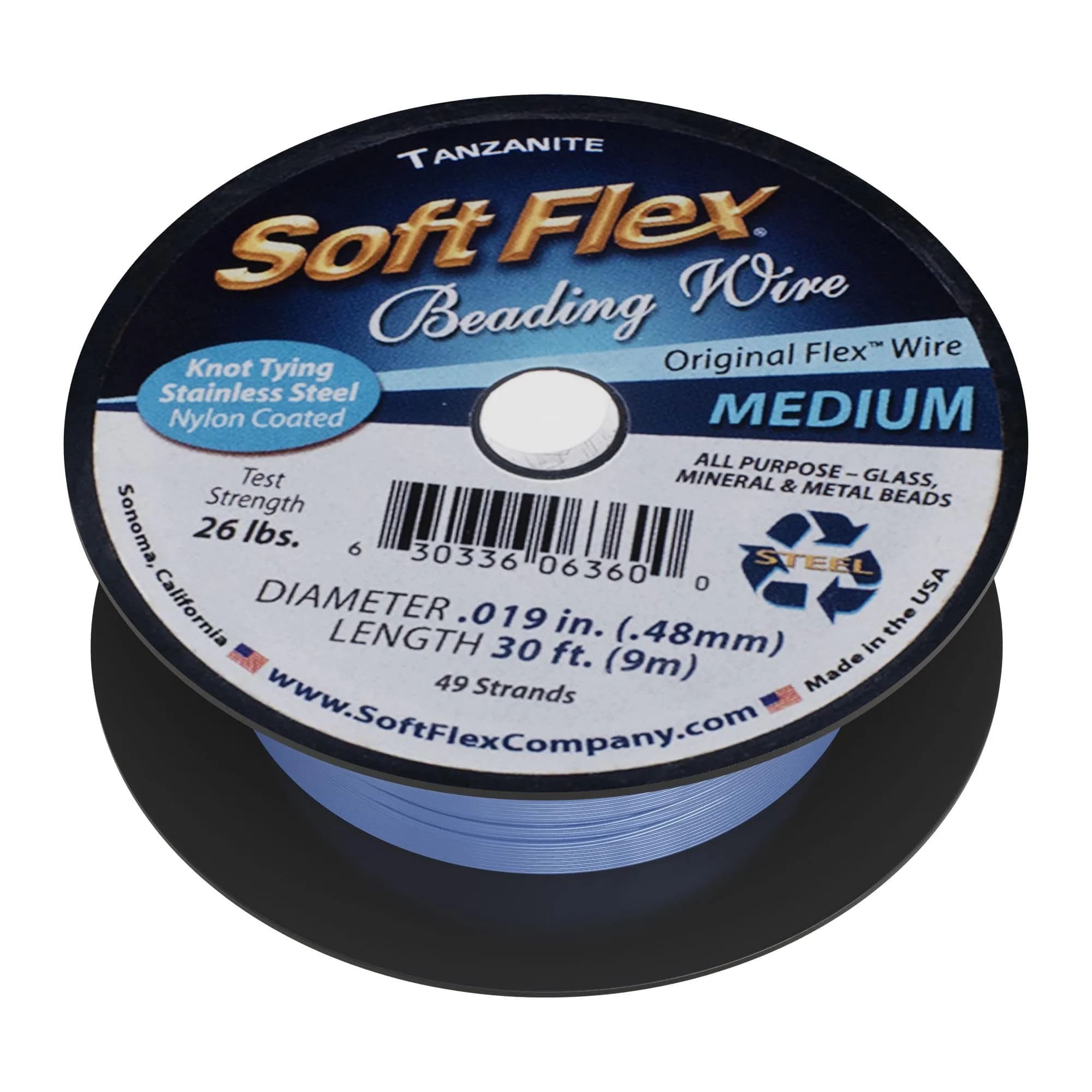 Soft Flex 49 Strand Beading Wire - 0.19mm (0.005 inch) Diameter, 9.14m (30 Feet) Nylon Design Wire | Easy to Knot, Anti-Kink — 30 Feet / Tanzanite