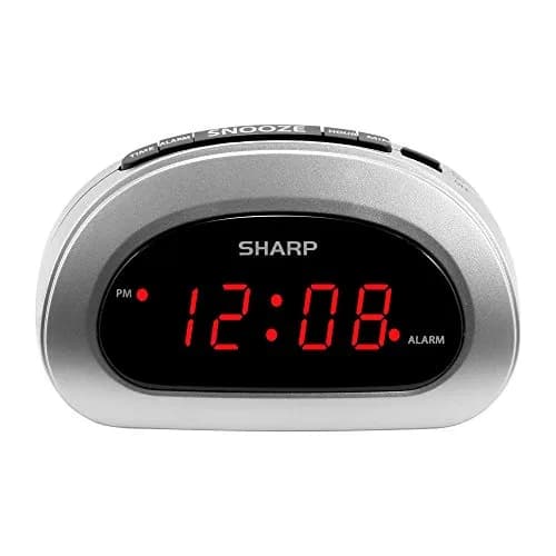 Sharp Small Digital Alarm Clock with Snooze and Battery Backup | Easy to Use Top Button Controls, Silver Case with Red LED Display thumbnail 1