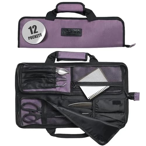 Asaya Chef Knife Roll Bag - 12-Pocket Travel Case for Kitchen Knives, Lightweight Stain-Resistant Nylon, Purple thumbnail 1