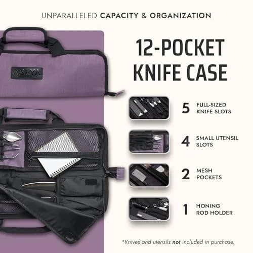 Asaya Chef Knife Roll Bag - 12-Pocket Travel Case for Kitchen Knives, Lightweight Stain-Resistant Nylon, Purple thumbnail 2