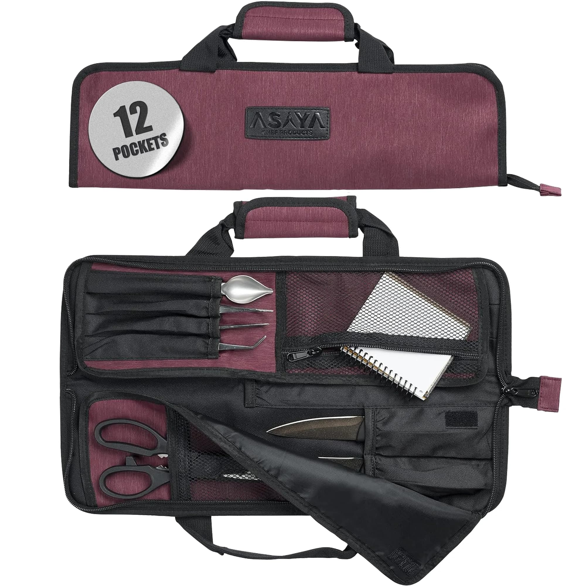 Asaya Chef Knife Roll Bag - 12-Pocket Travel Case for Kitchen Knives, Lightweight Stain-Resistant Nylon, Red | Secure & Portable