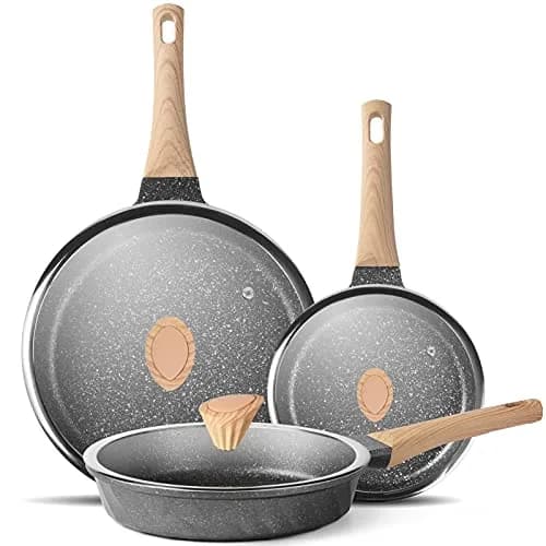 YIIFEEO Non Stick Frying Pan Set - Stone Skillet Set with Lids, 8" 9.5" 11" Gray | Induction Compatible Cookware thumbnail 1
