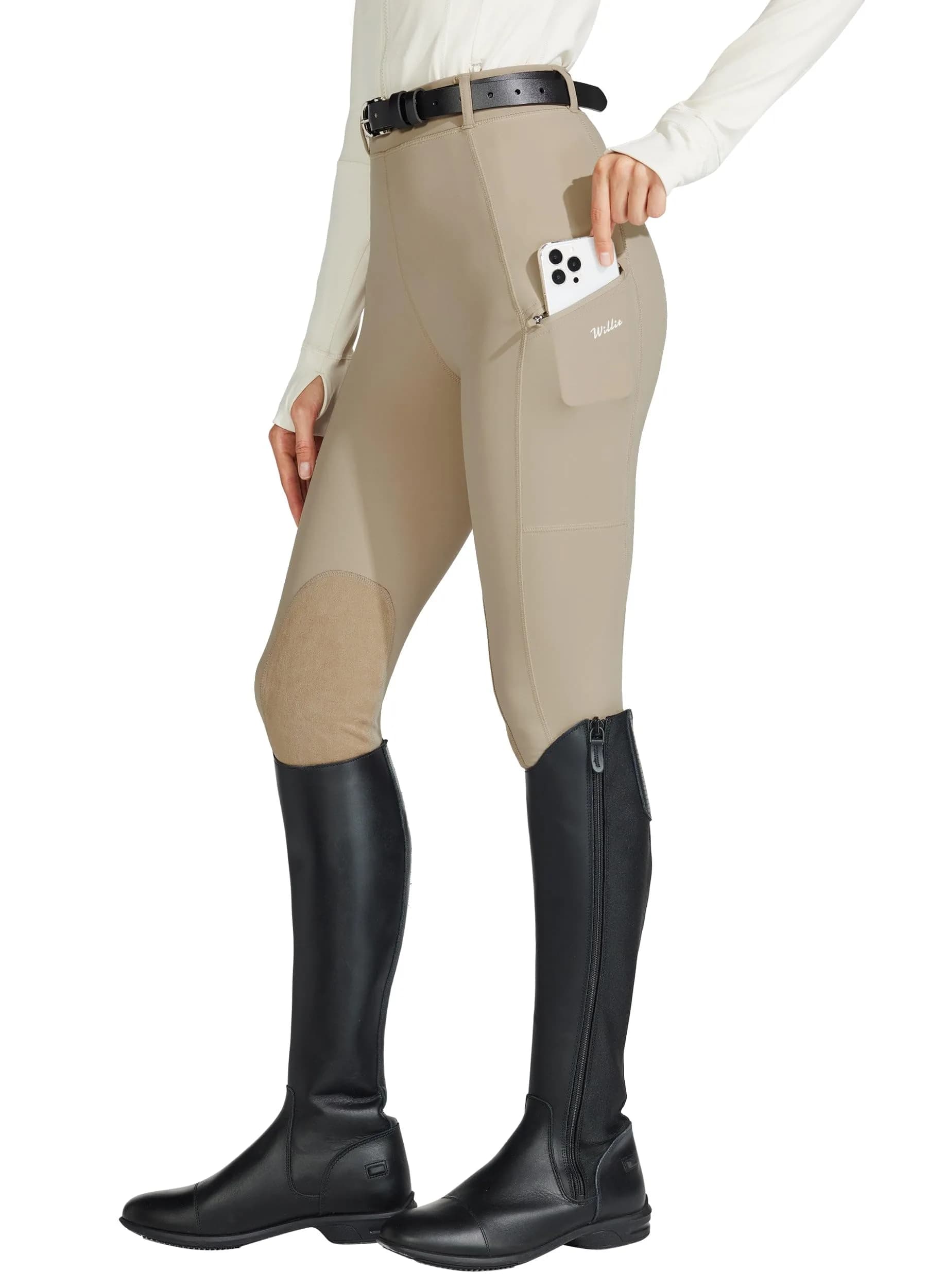 Willit Women's High Rise Riding Pants with Suede Knee Patches & Zip Pockets - Khaki Medium | 4-Way Stretch & UPF 50+ Sun Protection - main product image