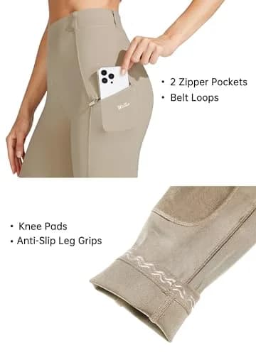 Willit Women's High Rise Riding Pants with Suede Knee Patches & Zip Pockets - Khaki Medium | 4-Way Stretch & UPF 50+ Sun Protection thumbnail 4