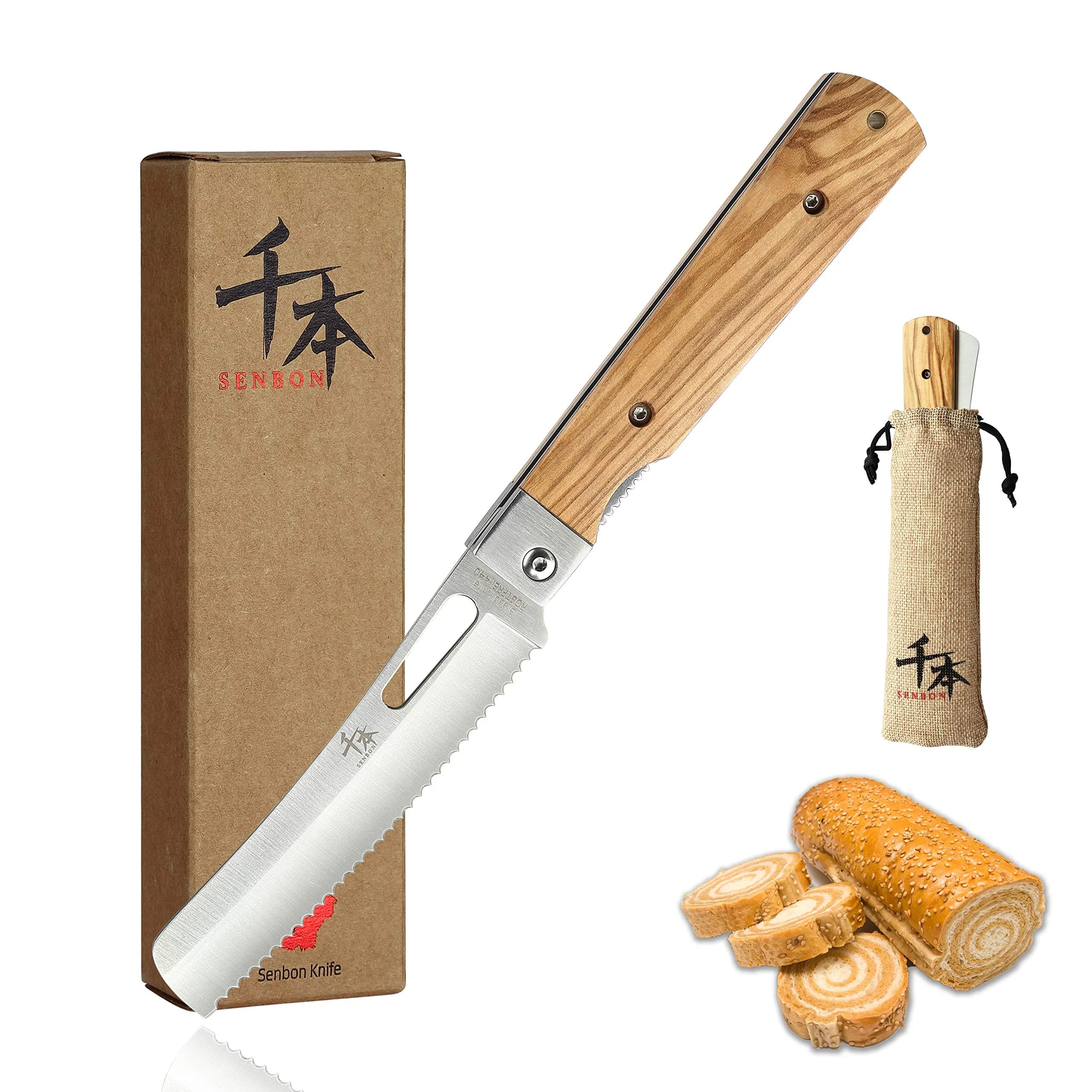 SENBON 4-Piece Folding Pocket Knife Set 20.3 cm (8 inches) | Forged 440A Stainless Steel Blades with Olive Wood Handles — Olive wood bread knife