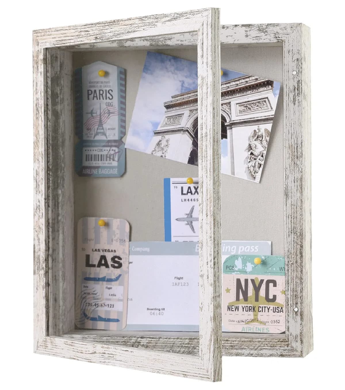 Califortree 8x10 Shadow Box Frame with Linen Back | Rustic Wall Display with Glass & Push Pins — Distressed White / 8.5x11