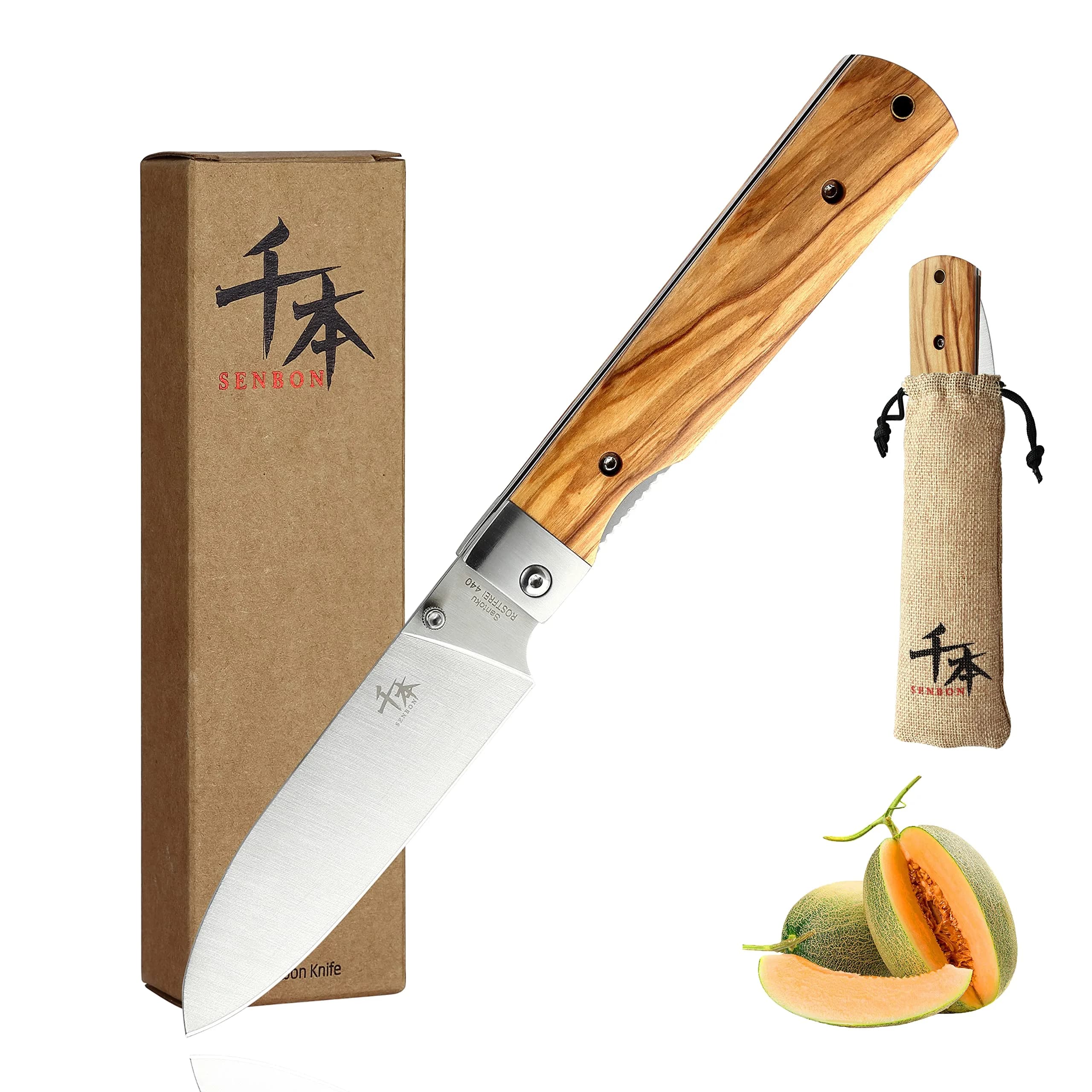 SENBON 440A Stainless Steel Pocket Folding Bread Knife 23cm (9in) | Serrated Blade with Olive Wood Handle — Olive wood Santoku