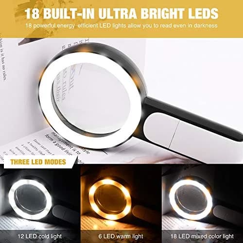 JMH Handheld Magnifying Glass with Light, 3.15" Lens | 18 LEDs, 3 Light Modes, 3x Magnification thumbnail 5