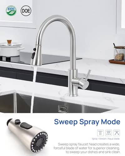 J-HVA Pull Down Kitchen Faucet Sprayer Head Replacement Part, Brushed Nickel | 3-Function Nozzle for Easy Cleaning thumbnail 5