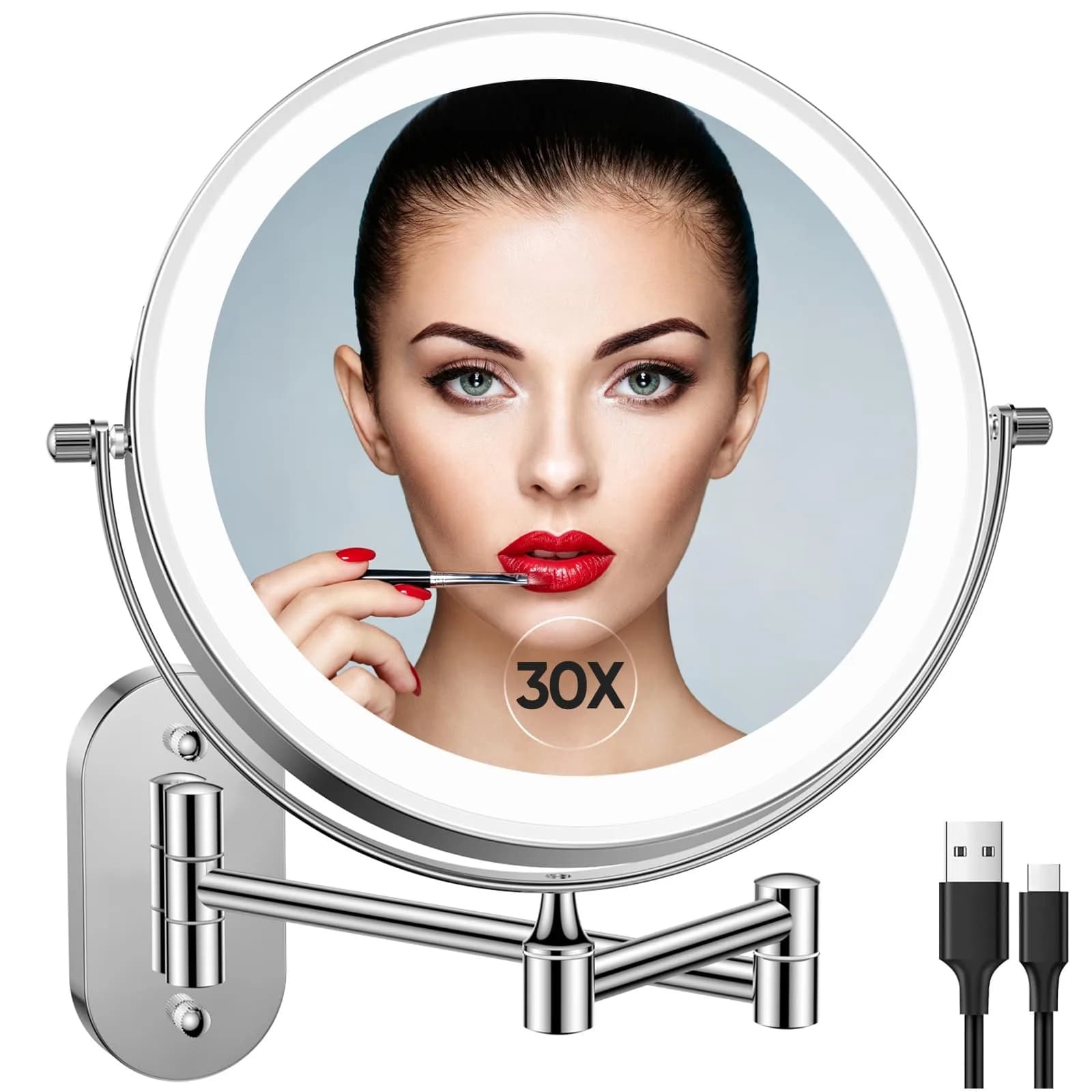 FUNTOUCH Rechargeable Wall Mounted Lighted Makeup Mirror 8 Inch (20cm) | 1X/30X Magnification, 3 Color Lights - main product image