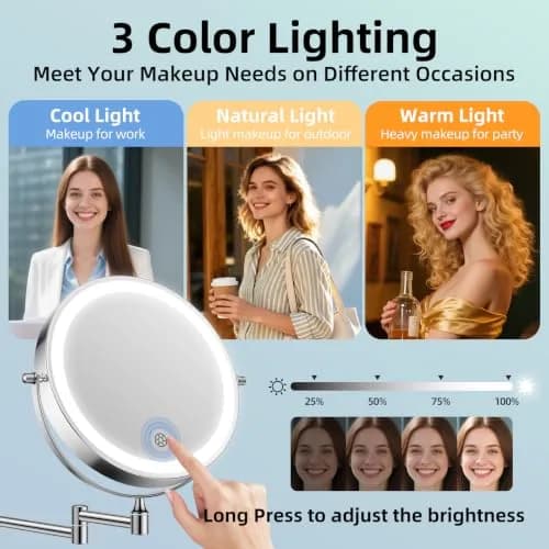 FUNTOUCH Rechargeable Wall Mounted Lighted Makeup Mirror 8 Inch (20cm) | 1X/30X Magnification, 3 Color Lights thumbnail 4