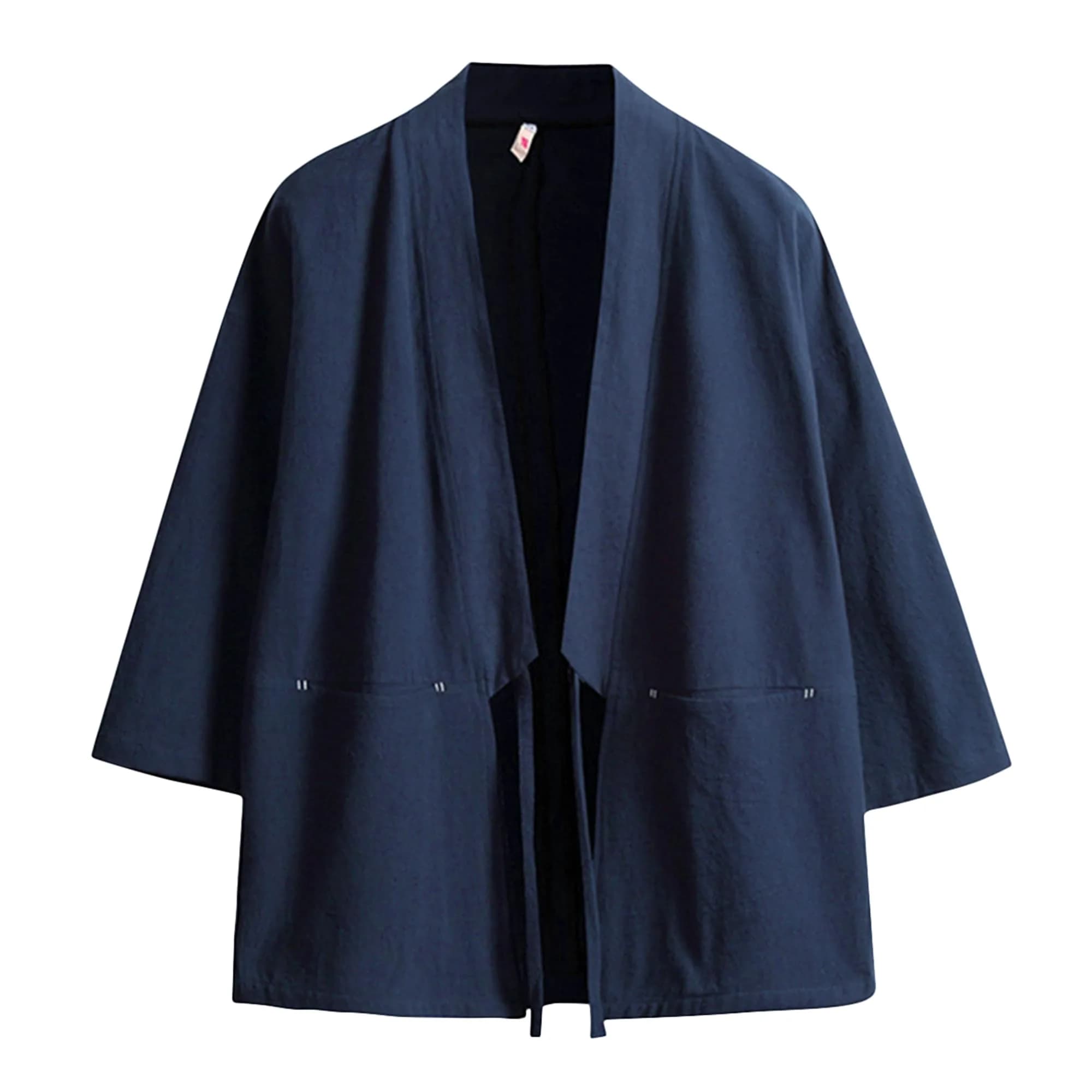 Haseil Men's Kimono Cardigan Japanese Jackets Casual Cotton 3/4 Sleeve Navy Blue M | Lightweight Linen Outwear - main product image