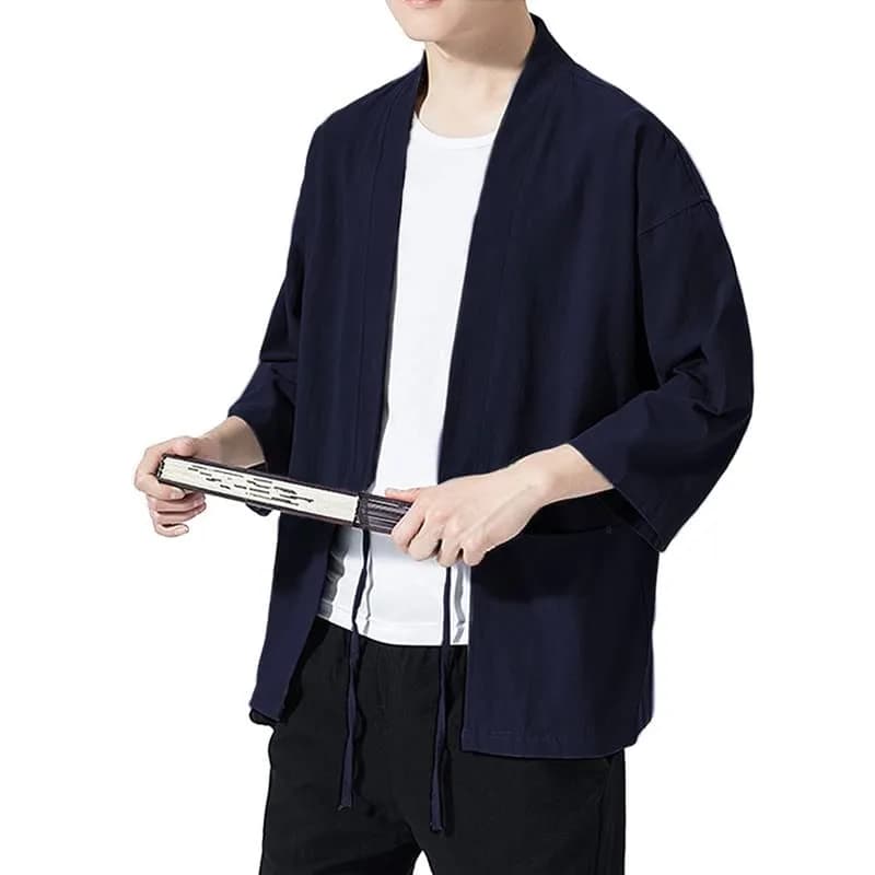 Haseil Men's Kimono Cardigan Japanese Jackets Casual Cotton 3/4 Sleeve Navy Blue M | Lightweight Linen Outwear thumbnail 8