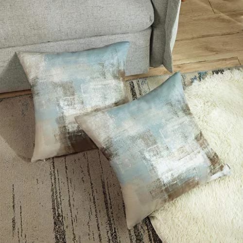 Britimes Grey Beige Teal Velvet Throw Pillow Covers Set of 2, 45cm (18 Inch) | Modern Square Cushion Cases thumbnail 4