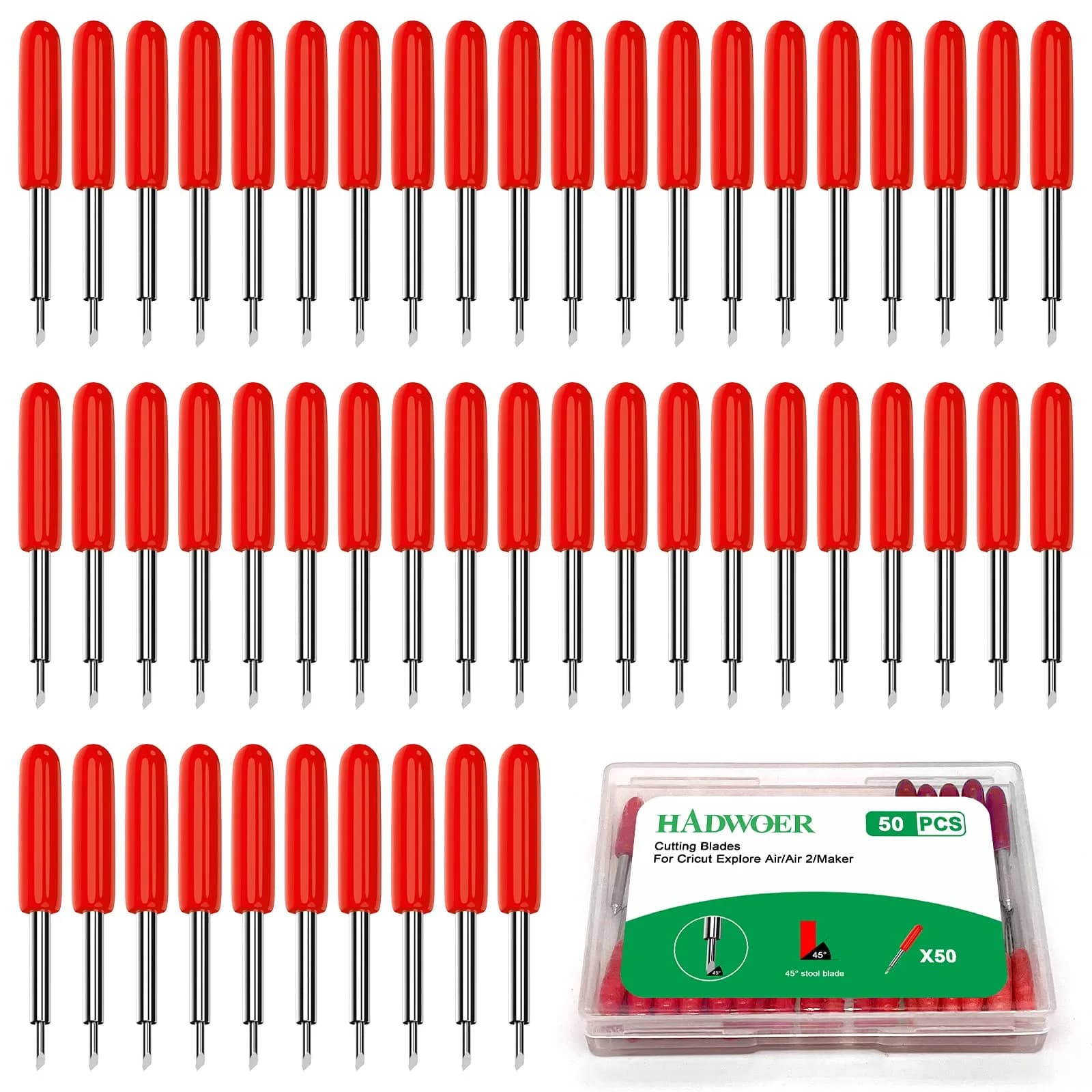 Hadwoer 50PCS Replacement Cutting Blades for Cricut Explore Air/Maker Series 30/45/60 Degree | 50-Piece Pack — Red-50pcs 45 Degree Standard Blades